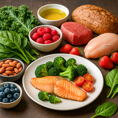 MIND-Ernährung mit grünem Blattgemüse, Beeren, Nüssen, Olivenöl, Vollkorn, Fisch und Geflügel