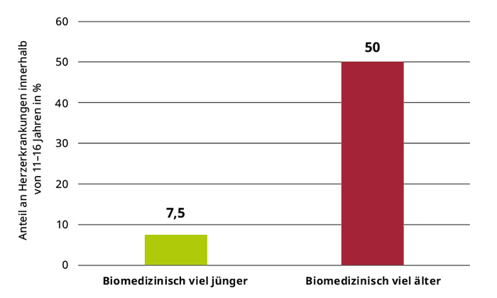 Diagramm: Beispielhafter Einfluss des biomedizinischen Alters auf das Herzrisiko.