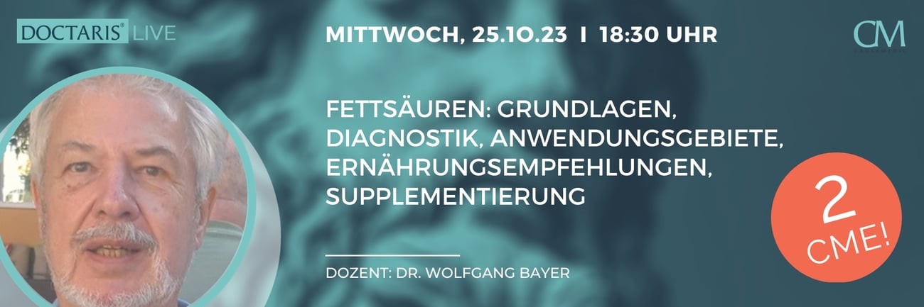 Webinar zu Fettsäuren: Grundlagen, Diagnostik, Ernährungsempfehlungen und Supplementierung, mit Dr. Wolfgang Bayer.
